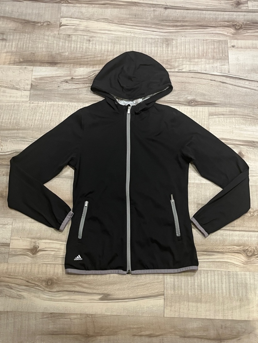 adidas Black Hooded Zip Windbreaker Jacket with Gray Accents size small